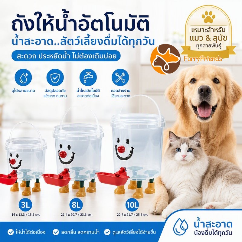ถังดื่มสัตว์เลี้ยง สไตล์น่ารัก ถังน้ำสัตว์เลี้ยงอัตโนมัติขนาดใหญ่ แบบใส เงียบ เติมง่าย ใช้งานสะดวก