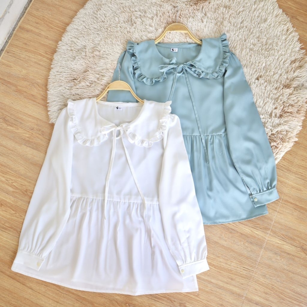 A382 เสื้อคอบัวระบายรอบ ต่อเอวปล่อย /อก 40