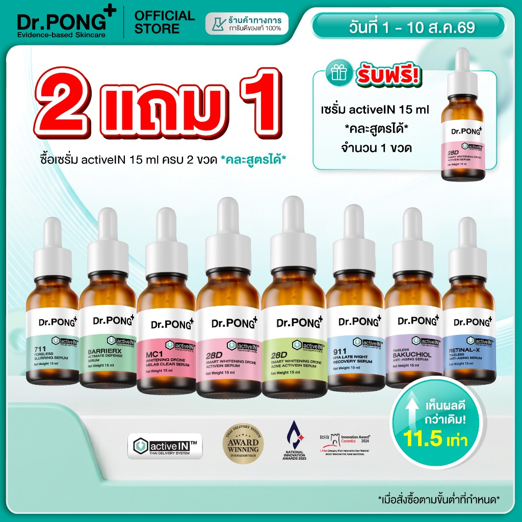 2 ฟรี 1 [รวมเซรั่มสูตรขายดี!] Dr.PONG activeIN Serum เทคโนโลยีรางวัลระดับโลก ซึมเข้าผิวมากขึ้น ปริมาณ 15 ml