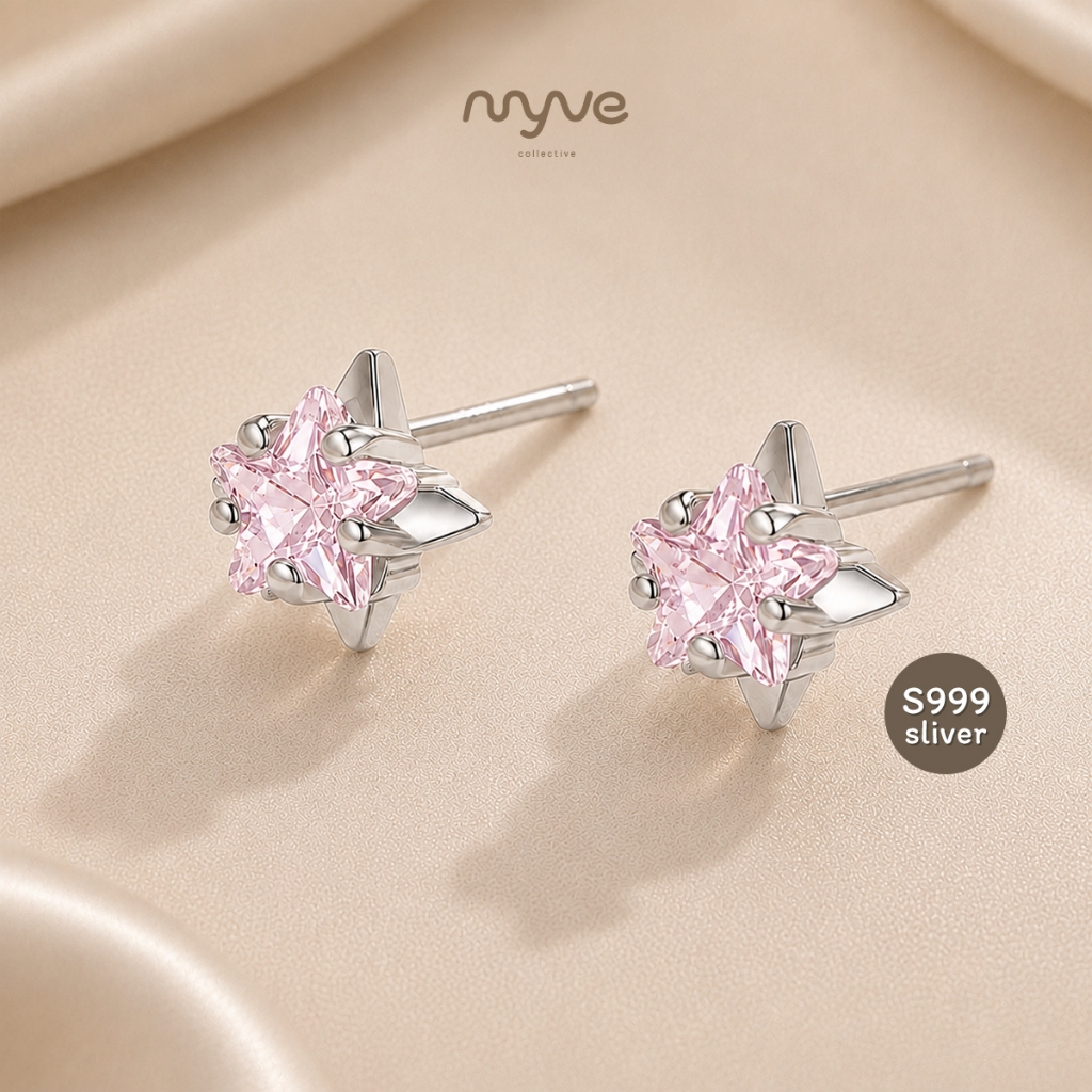 [พร้อมส่ง] Star Crystal Earrings ต่างหูคริสตัลรูปดาว เงินแท้ 999 สไตล์เกาหลี สีชมพู | MYVE
