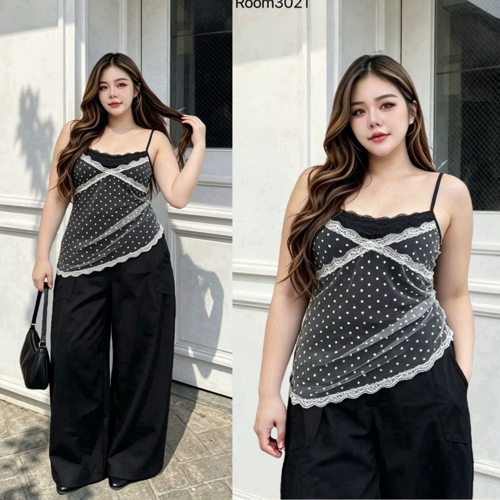 /TB/ เสื้อสายเดี่ยวตัดต่อเลเยอร์ผ้าซีทรูลายจุด มีไซส์อก40-50 น่ารักมาก #สาวอวบอ้วน เสื้อผ้าไซส์ใหญ่ พลัสไซส์