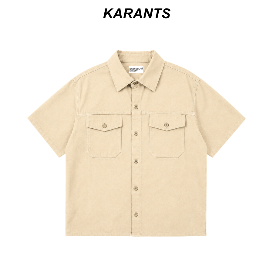 Karants เสื้อเชิ้ต Boxy ผ้า Kaki ตัดต่อ 2 กระเป๋า Unisex ชาย-หญิง - KR441