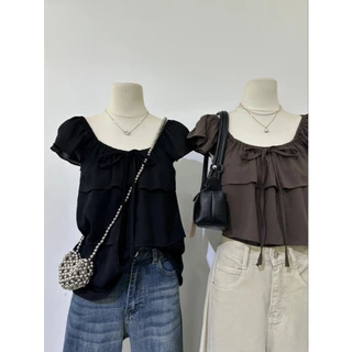 M2230 เสื้อแขนสั้นคอสี่เหลี่ยม/ปาดไหล่ได้สุดคิ้วท์ ดีเทลแต่งระบายเลเยอร์ 2 ชั้นช่วงอก