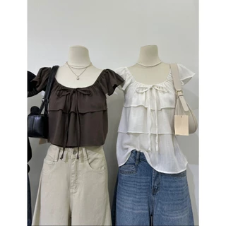 M2230 เสื้อแขนสั้นคอสี่เหลี่ยม/ปาดไหล่ได้สุดคิ้วท์ ดีเทลแต่งระบายเลเยอร์ 2 ชั้นช่วงอก