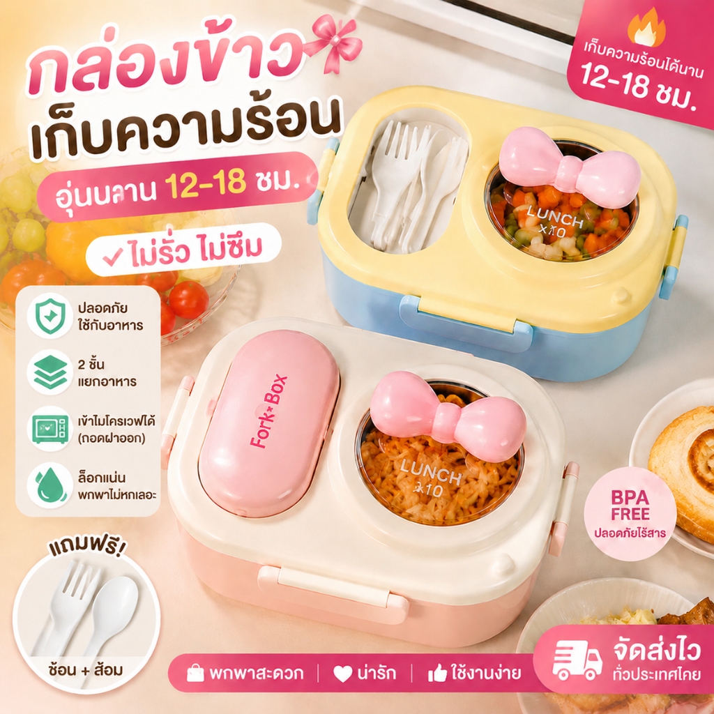 กล่องข้าว PP สีมาคารอง กล่องใส่อาหาร พร้อมช้อน เข้าไมโครเวฟได้ ปิดสนิท พกพาสะดวก ใช้ได้ทั้งเด็กและผู้ใหญ่