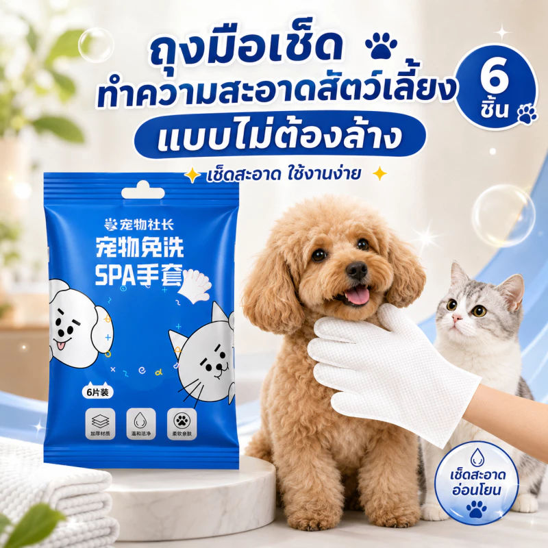 💦ถุงมือสัตว์เลี้ยงแบบใช้แล้วทิ้ง ดับกลิ่น ดูแลผิวสุนัขและแมว ถุงมือทำความสะอาดระงับกลิ่นกายสำหรับแมว