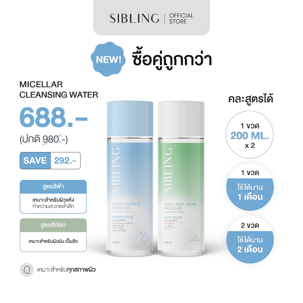ซื้อคู่ถูกกว่า (คละสูตรได้) - คลีนซิ่งแม่เหล็ก ปาดเดียวเอาอยู่ | SIBLING Daily Micellar Cleansing Water 200ml.