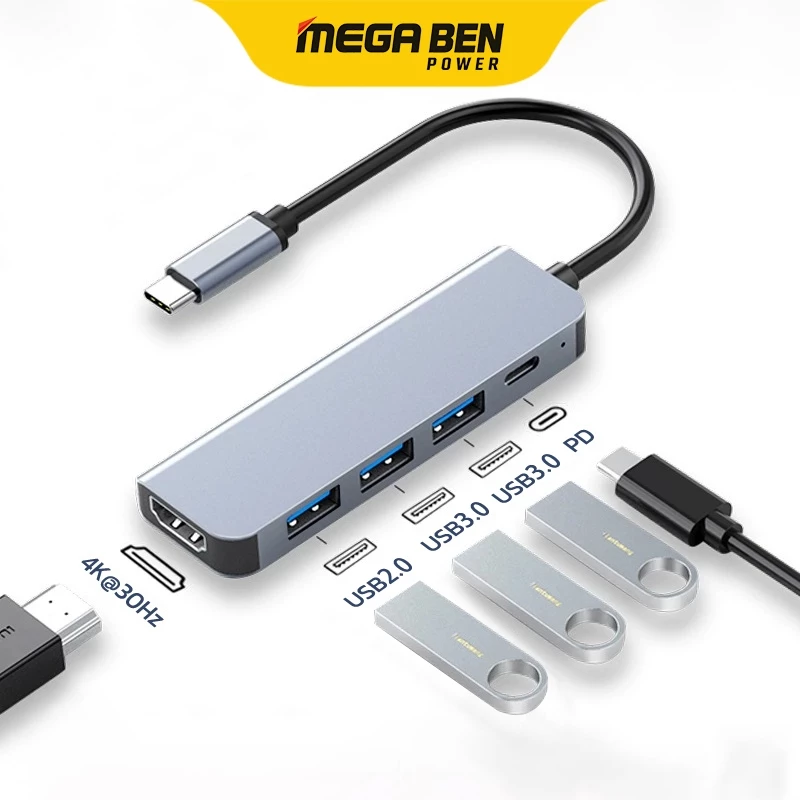 USB-C Hub 5 in 1 อะแดปเตอร์ Type-C HDMI 4K USB 3.0 SD TF Card Reader รองรับ PD 100W สำหรับ Laptop MacBook PC