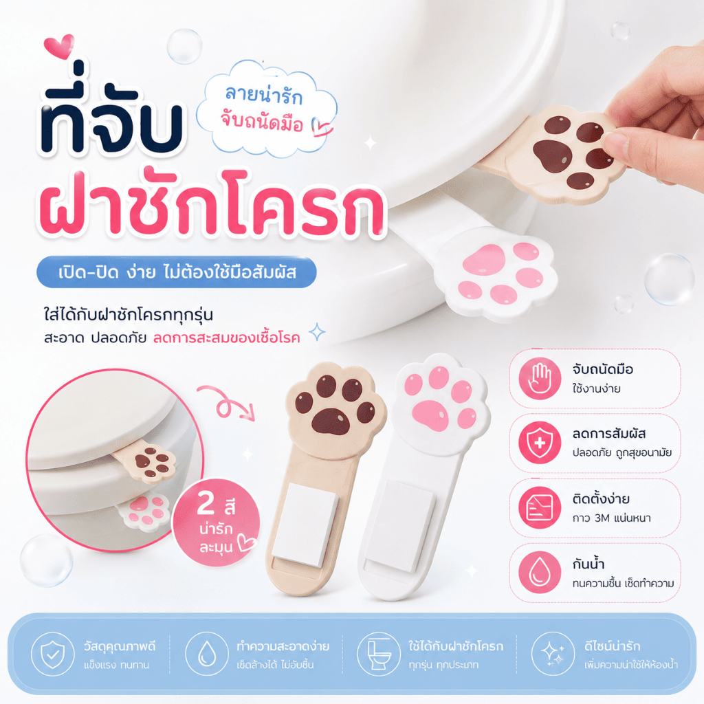 MTB-01 ที่จับฝาชักโครก ลายเท้าแมว ที่ยกฝาชักโครก ที่จับฝารองนั่งห้องน้ำ ลายการ์ตูน น่ารัก