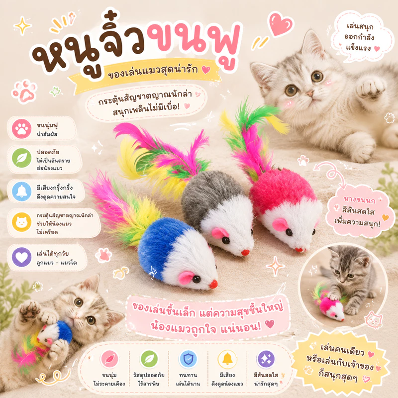🌵 หนูขนฟู หนูปลอม ตุ๊กตาหนู หนู ขอเล่นแมว หางขนนก หนู ปลอม ของเล่นแมว 🌵