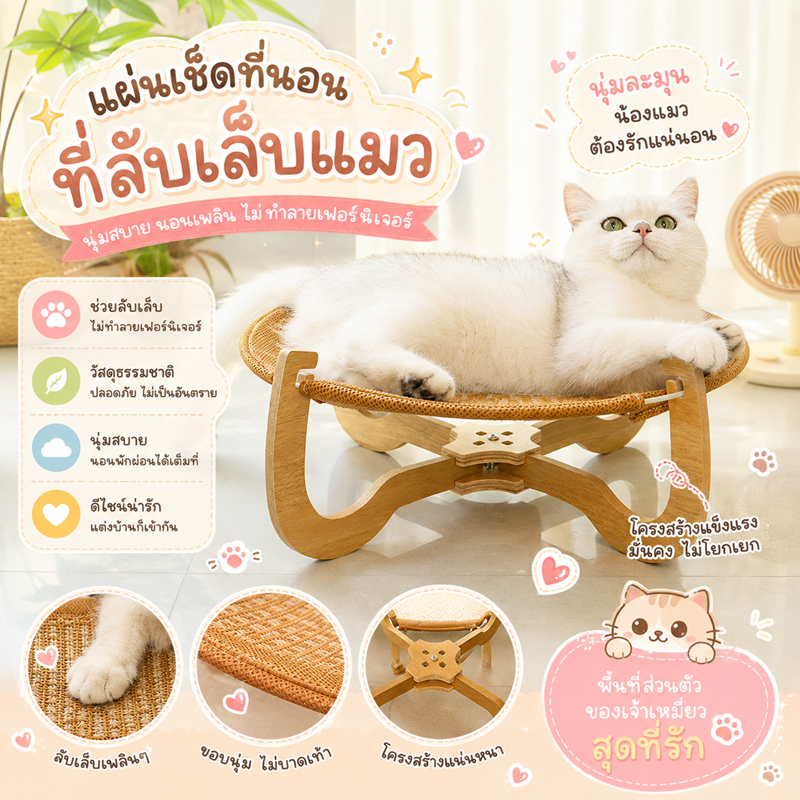 เสื่อโค้ง เสื่ออนอนแมว ที่นอนแมว เบาะแมว ระบายอากาศ สำหรับน้องแมว ขาไม้