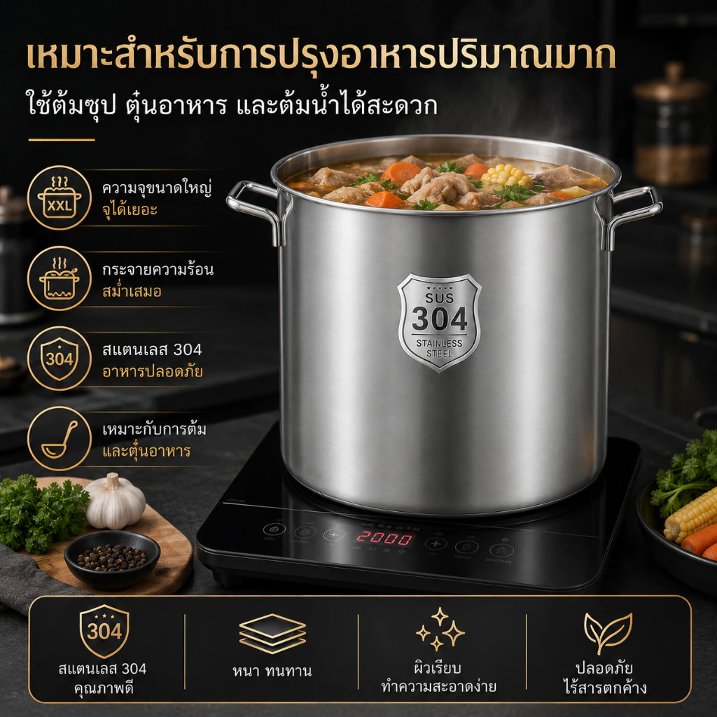 หม้อต้มน้ำซุปสแตนเลส 304 แบบหนาพิเศษ ทรงสูง ความจุใหญ่ พร้อมฝาปิด สำหรับร้านอาหารและโรงอาหาร thumbnail 9