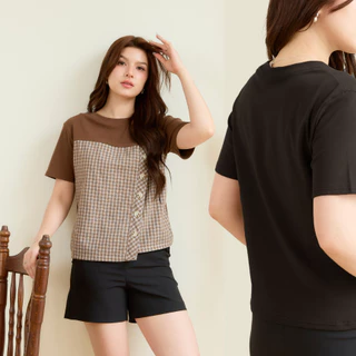 Glucoat | [A779/A908] เสื้อยืดคอกลมแขนสั้นลายสก็อต กระดุมแต่งด้านข้าง