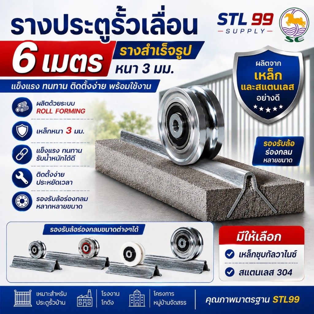รางประตูรั้วเลื่อน 6 เมตร รางสำเร็จรูป เหล็กชุบกัลวาไนซ์ / สแตนเลส 304 หนา 3 มม. รองรับล้อร่องกลม ประตูโรงงาน STL99