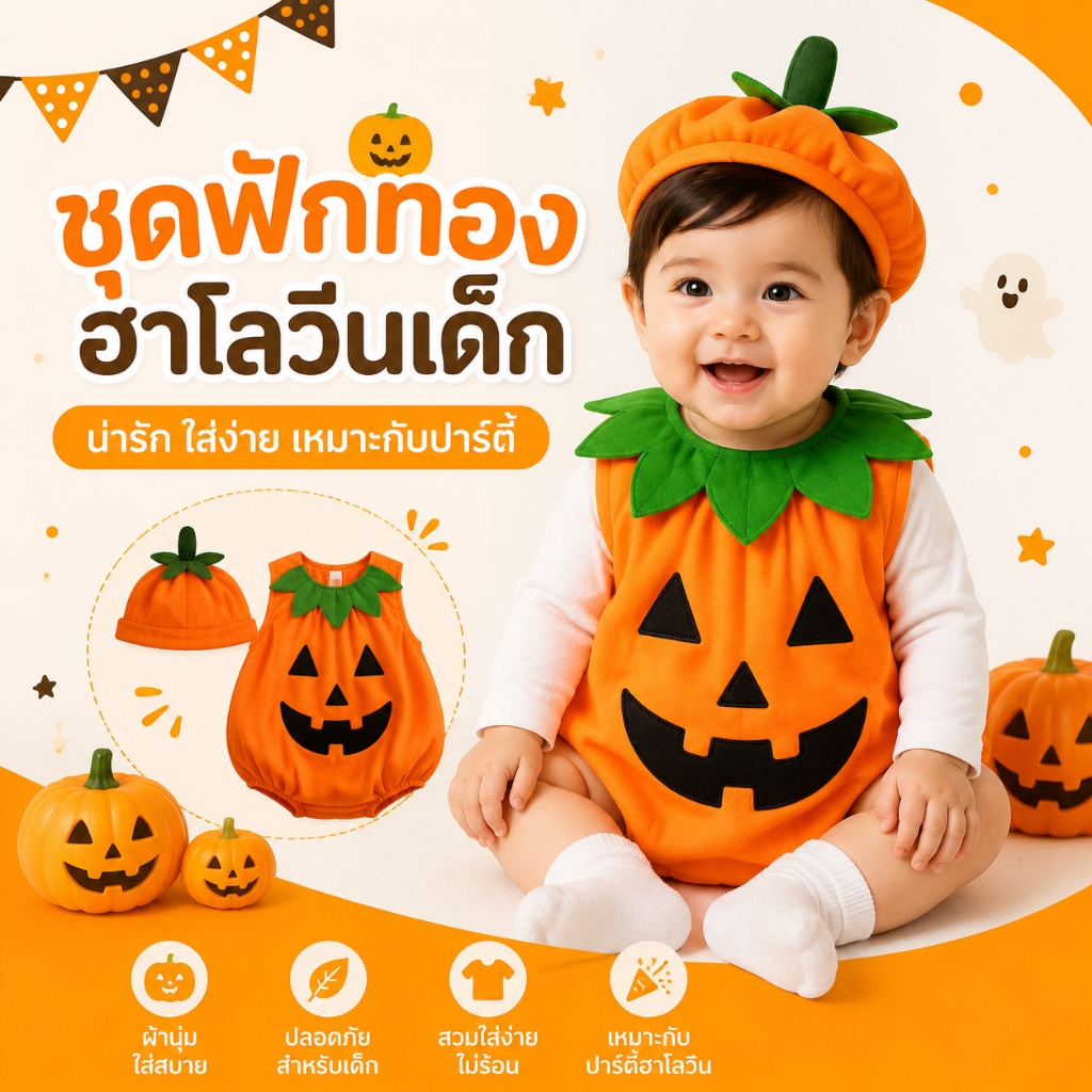 ชุดฟักทองฮาโลวีนเด็ก ไซส์ 80-150 ชุดเซ็ท 3 ชิ้น ชุดฟักทองเด็ก ชุดแฟนซีสำหรับเด็ก