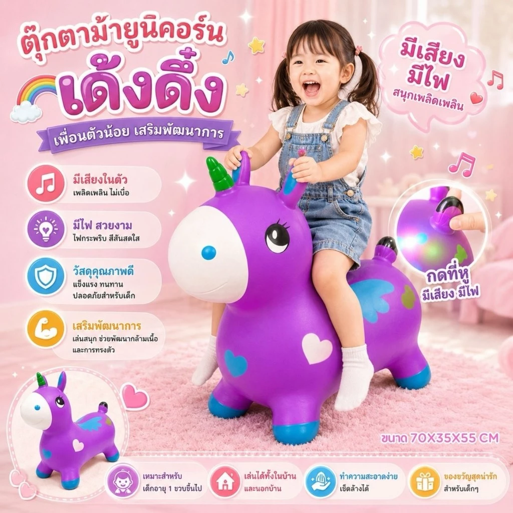 ตุ๊กตาเด้งดึ๋งมีเสียงมีไฟหลากหลายแบบ น่ารัก สีสันสดใส แข็งแรง รับ นน.80 กก เสริมพัฒนาการเด็ก
