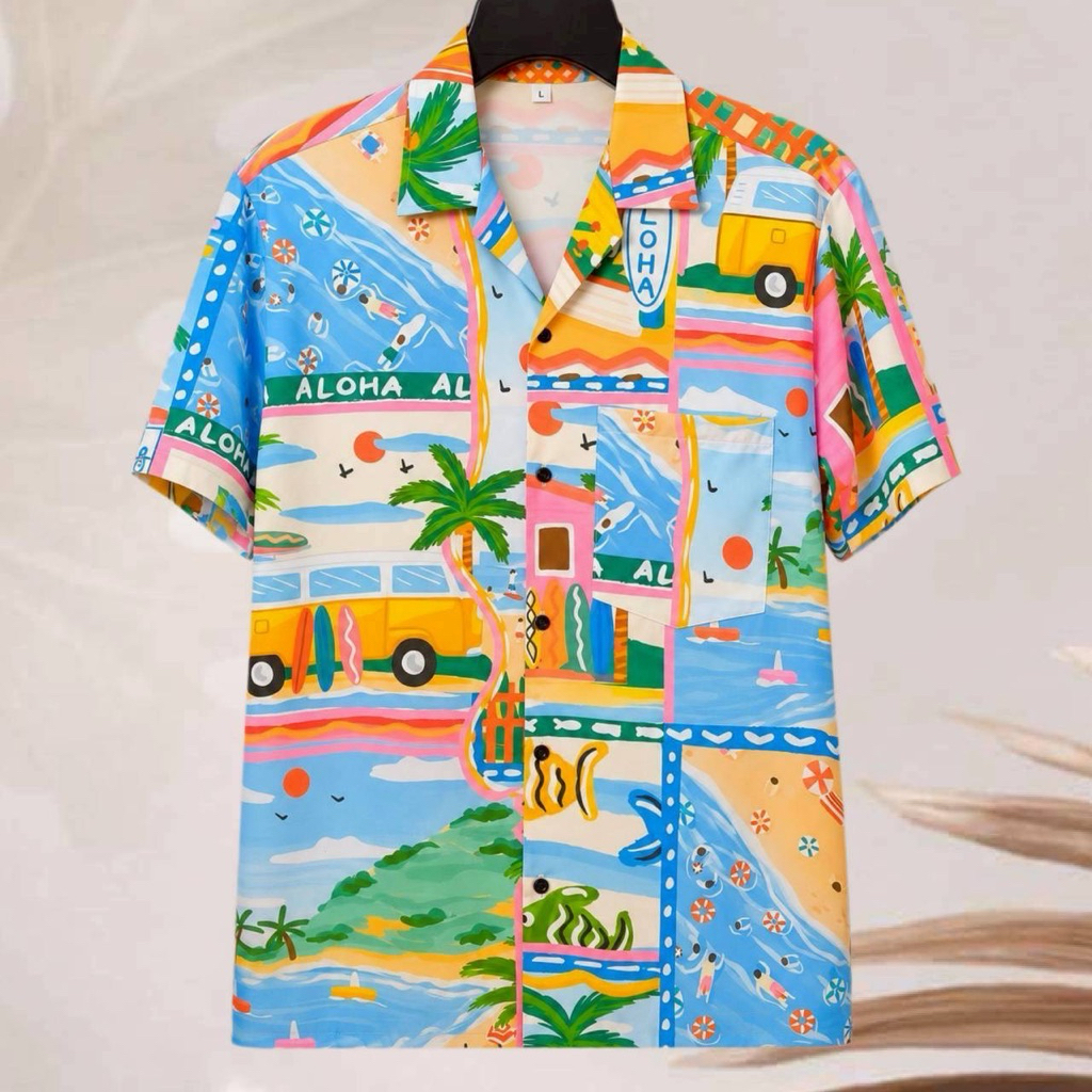 เสื้อเชิ้ตฮาวาย ลาย ฮาวายมินิมอล (พื้นสีสัน) ผ้าไหมอิตาลี อก 38-52 นิ้ว ไซส์ M-3XL