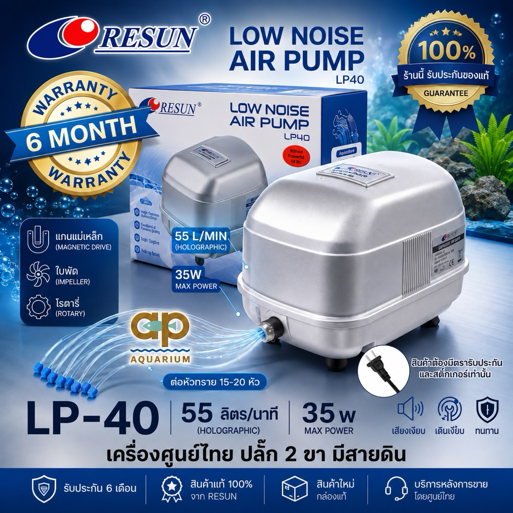 ปั๊มลม RESUN LP-40 เสียงเงียบ ลมแรงสม่ำเสมอ เหมาะกับตู้ปลา บ่อปลา ของศูนย์ไทย 100%
