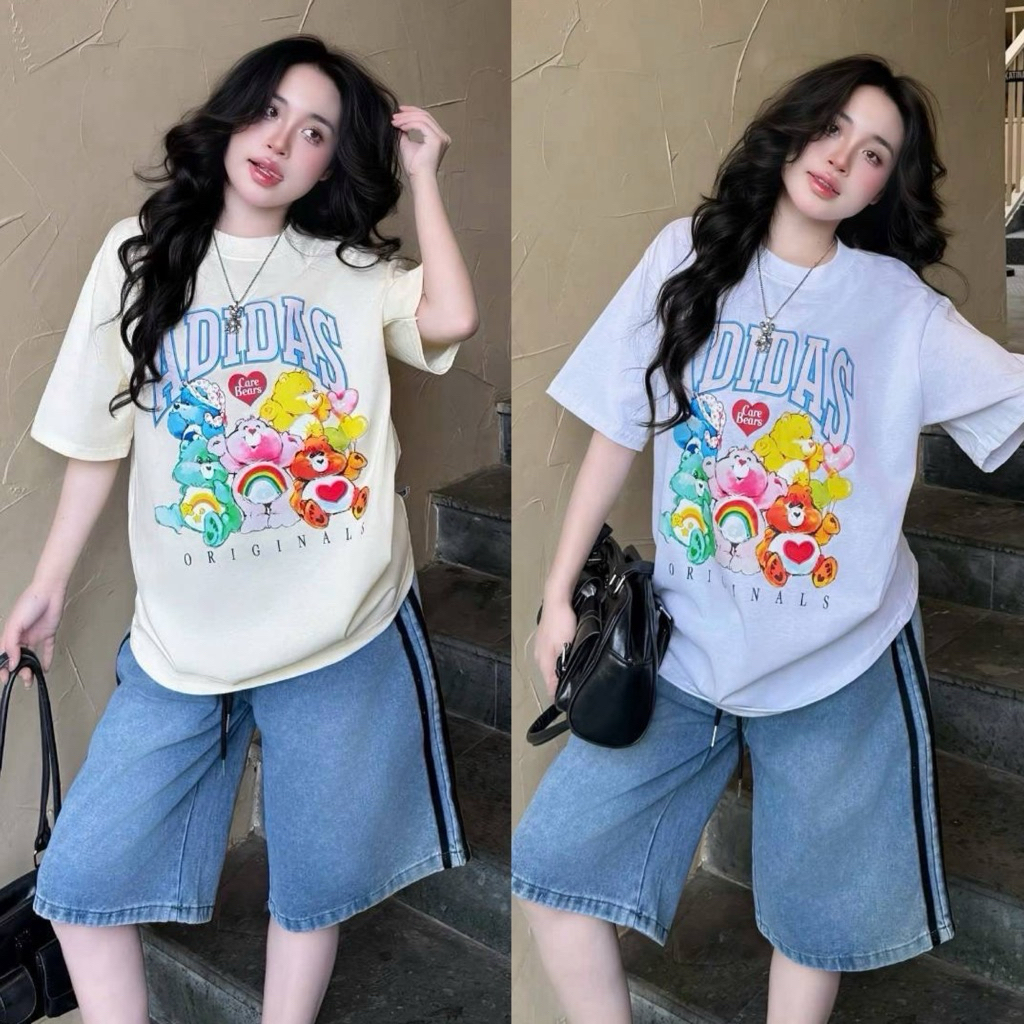 J60 ชุดเซตยีนส์แท้ เสื้อยืดสกรีนหน้า +กางเกงยีนส์แต่งแถบ