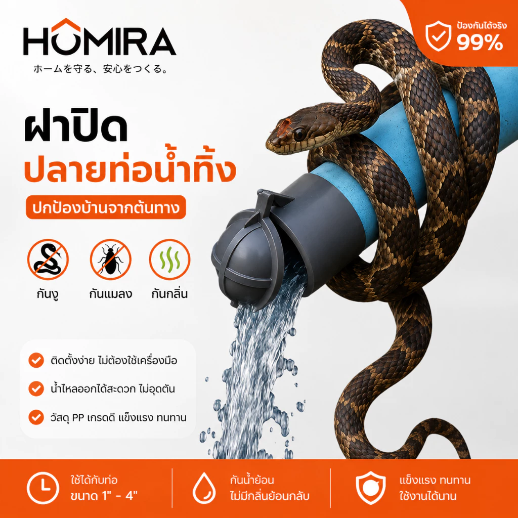 ฝาปิดปลายท่อน้ำทิ้ง PVC กันงู กันหนู กันแมลง กันกลิ่น HOMIRA