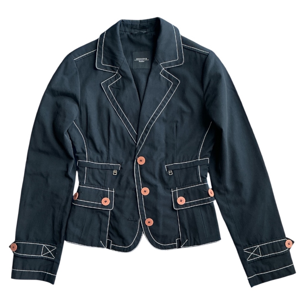 [มือสอง]WEEKEND MaxMara เสื้อแจ็คเก็ต/เบลเซอร์สีดำเดินด้ายขาว
