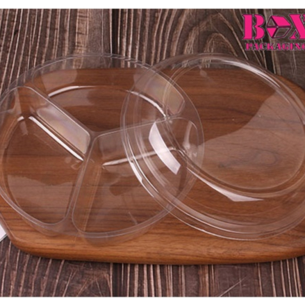 ถาดพลาสติก 3 ช่อง 15.2x5 ซม. แพค 20 ชุด ฝาโดม ร้านเบเกอรี่ PVC43