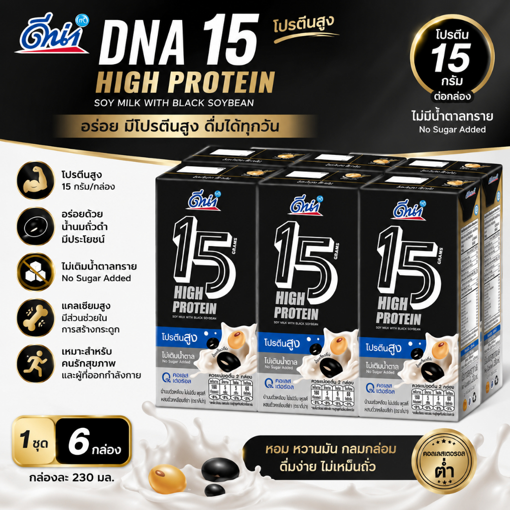 [แพ็ก 6 กล่อง] ดีน่า DNA High Protein นมถั่วเหลืองโปรตีนสูง 230ml ดีน่าแบล็ค 2 สูตร