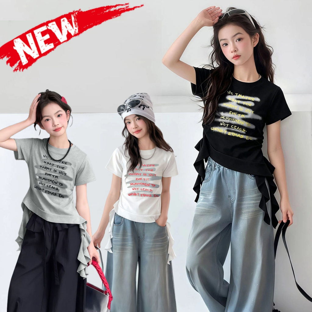 Beryl kids เสื้อยืดแขนสั้นสำหรับเด็กผู้หญิง แฟชั่น สไตล์เกาหลี ดีไซน์กระซับพอดีตัว พิมพ์ลายตัวอักษร ผ้านุ่ม ฤดูร้อน
