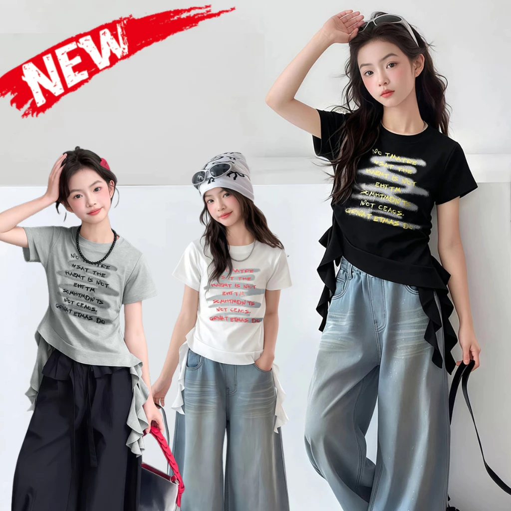 Beryl kids🌸เสื้อยืดแขนสั้นสำหรับเด็กผู้หญิง🎀แฟชั่น สไตล์เกาหลี ดีไซน์กระซับพอดีตัว พิมพ์ลายตัวอักษร ผ้านุ่ม ฤดูร้อน