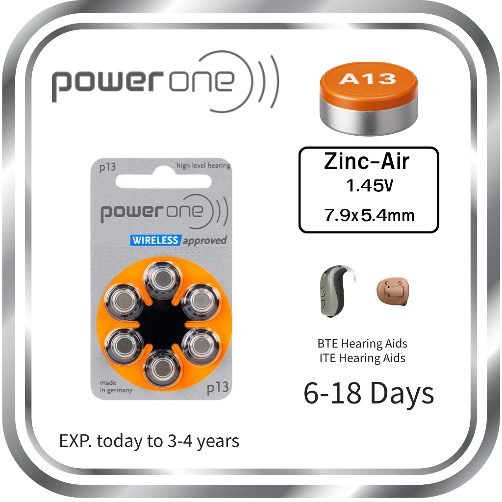 ถ่านเครื่องช่วยฟัง เบอร์13 สีส้ม PowerOne A13 PR48 ถ่านใส่เครื่องช่วยฟัง HearingAidBatteries