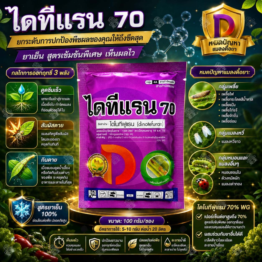 ไดทีแรน 100กรัม*10ซอง สูตรเย็น เร็วแรง ไดโนทีฟูแรน 70% เพลี้ยไฟ เพลี้ยกระโดด แมลงหวี่ขาว ด้วงหมัดผัก