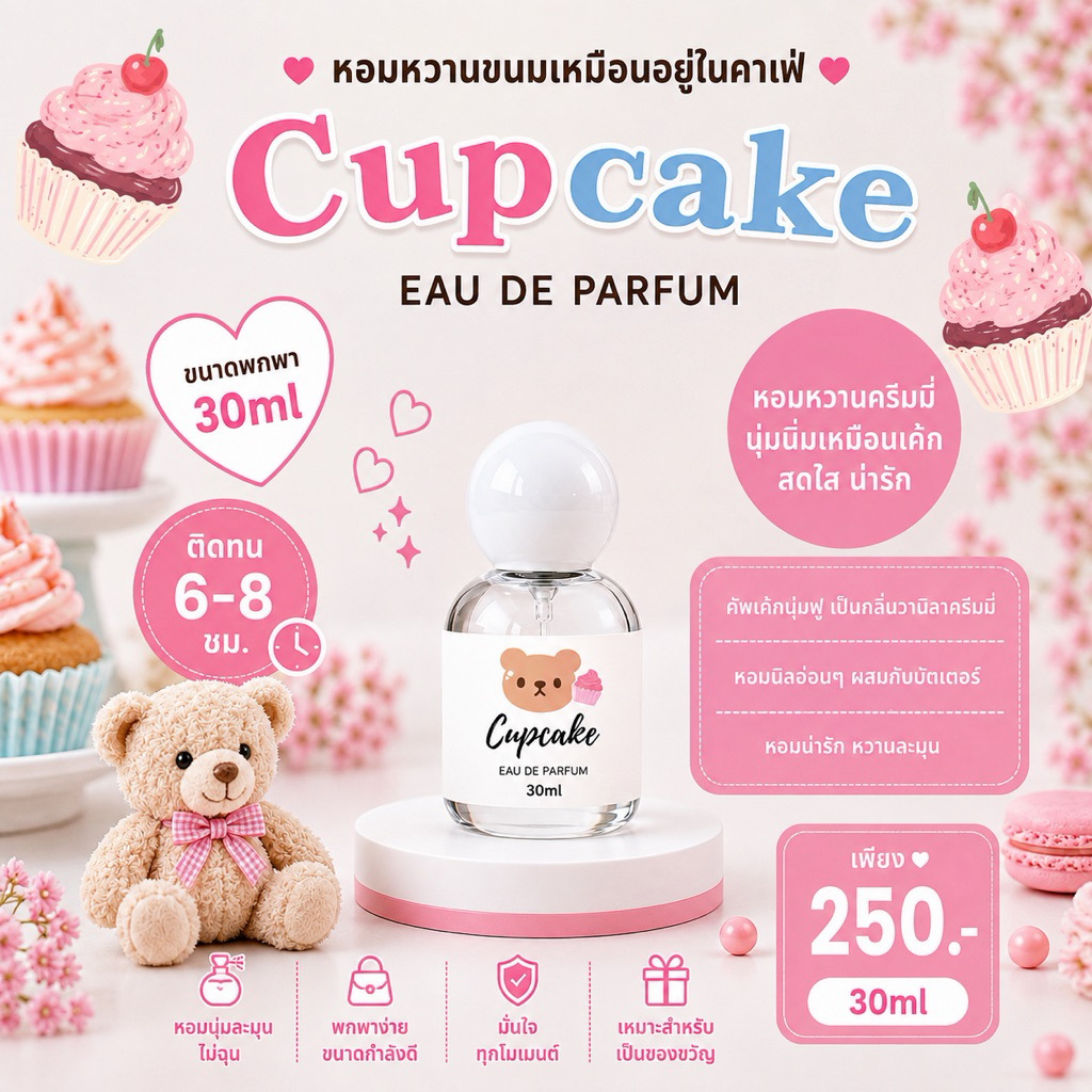 ( แพ็คเกจใหม่ ! ) 🎀— SUGAR BEAR :: น้ำหอมกลิ่น Cupcake หอมหวานขนมคัพเค้ก หวานไบรท์ๆ น่ารักสดใส ขนาด 