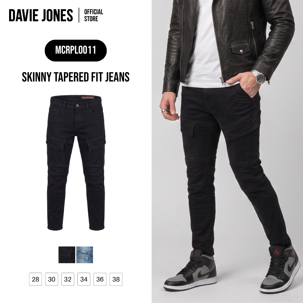 DAVIE JONES [BE FEARLESS] กางเกงยีนส์ผู้ชาย Skinny Tapered Fit Jeans สีดำ กรม PL0011 DN0019