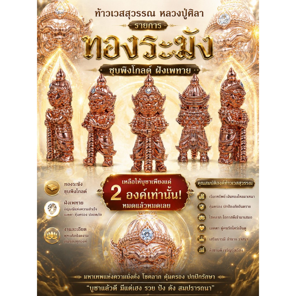 ท้าวเวสสุวรรณ หลวงปู่ศิลา สิริจันโท (ซีนเดิม) เนื้อทองระฆัง ชุดพิ้งโกลด์ ฝังเพทาย ของแท้