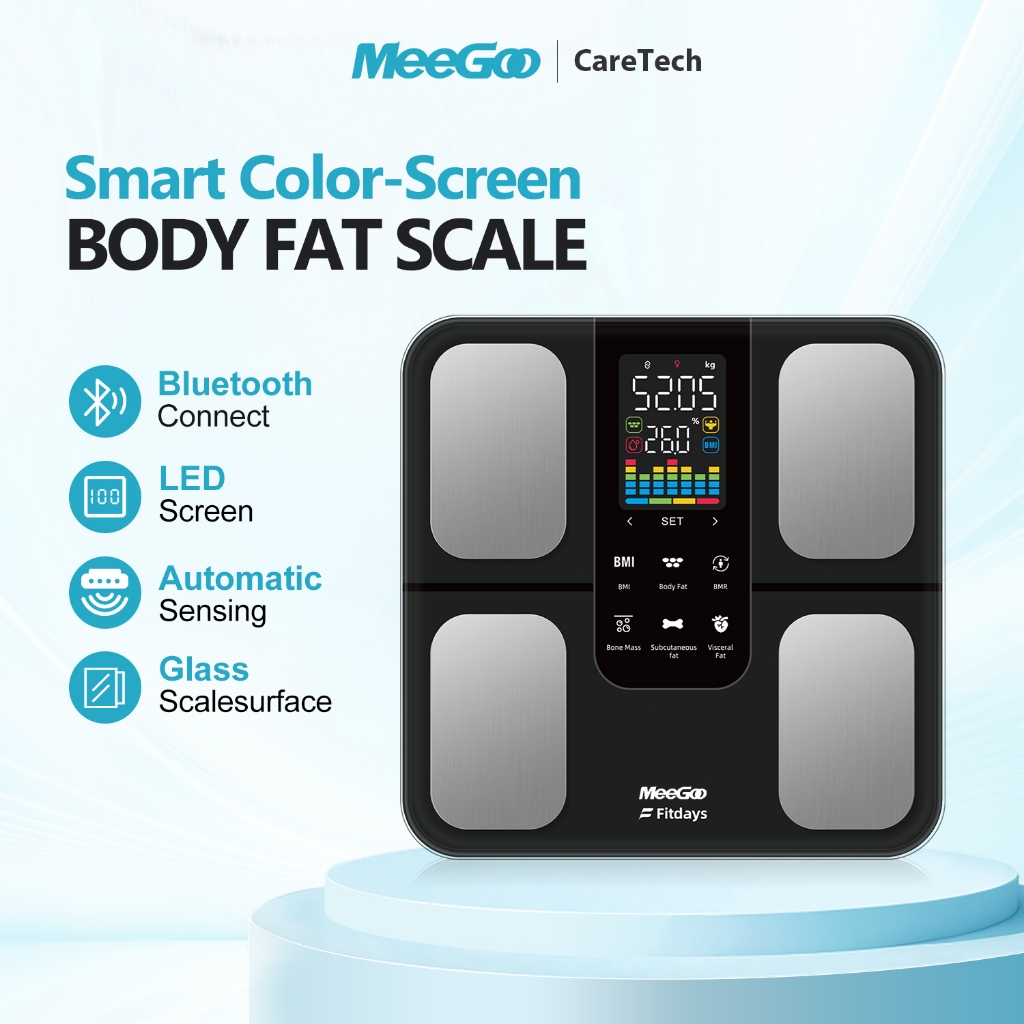 MeeGoo เครื่องชั่งน้ำหนักวัดไขมัน หน้าจอสี วัดออฟไลน์ 20ค่าข้อมูล รองรับ24ผู้ใช้ ถ่าน AAA Smart Body Fat Scale