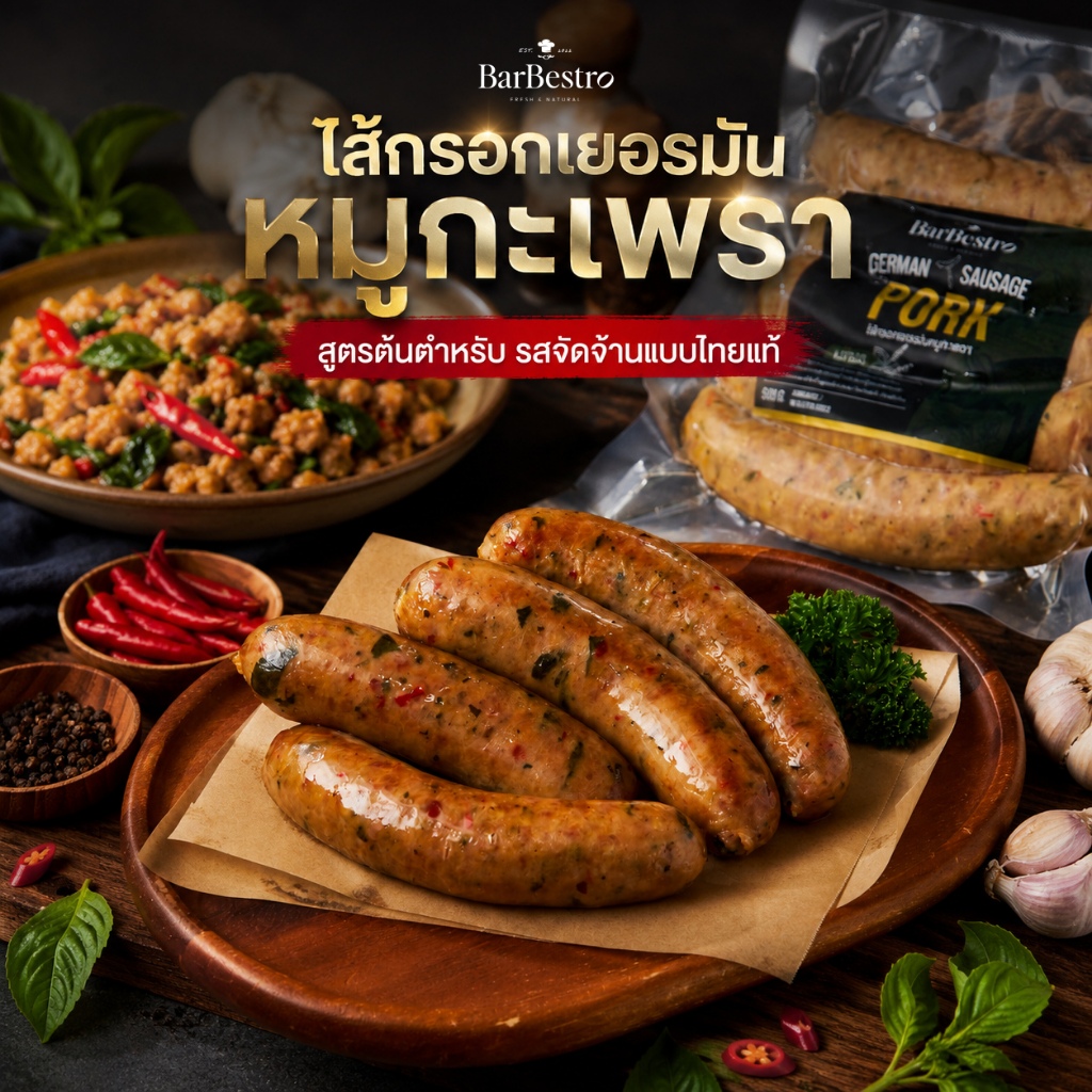 BarBestro ไส้กรอกเยอรมันหมูกะเพรา ไส้กรอกหมูโฮมเมด ไม่ผสมแป้ง (Kaprao German Sausage) 500g.