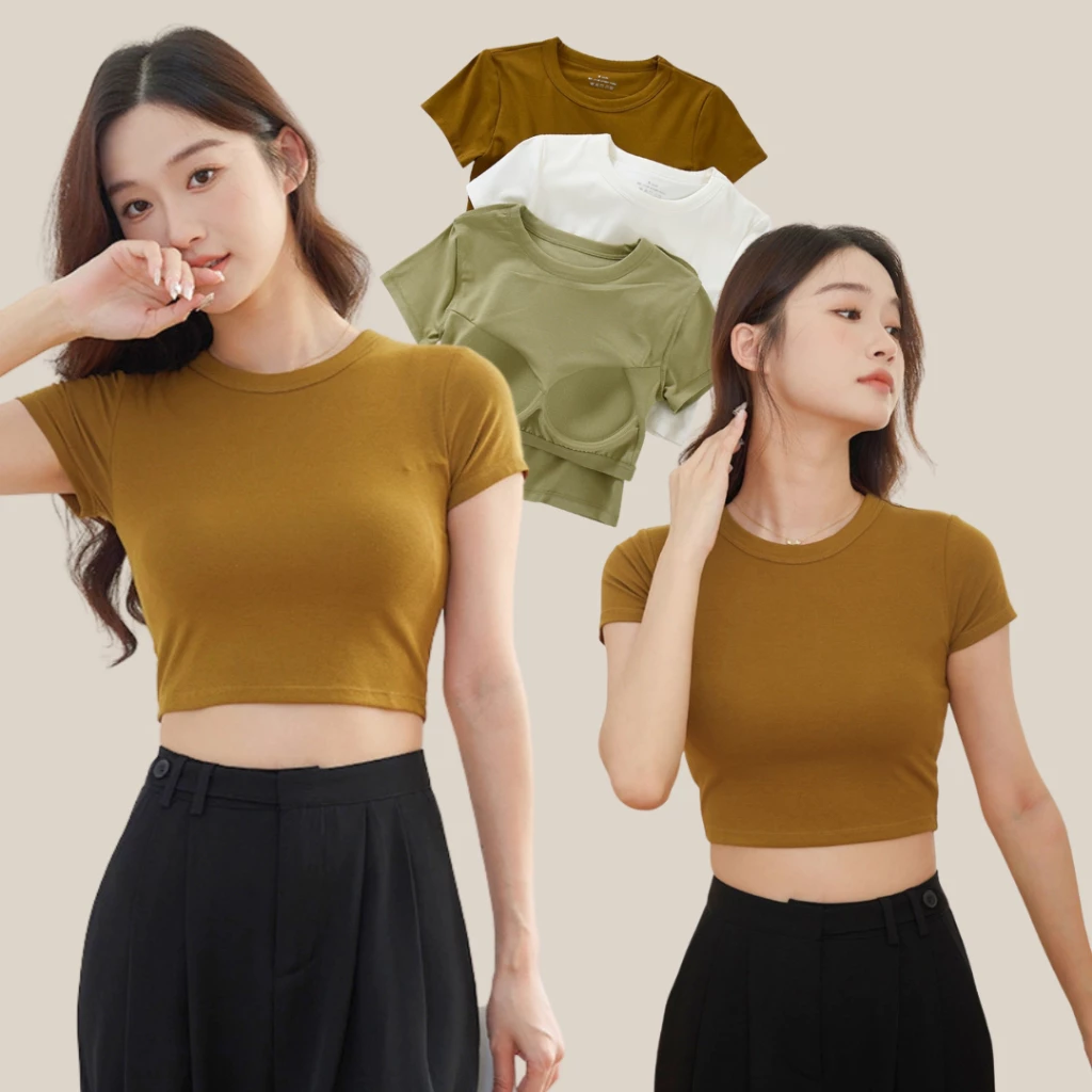 WsimpleBra | Ginny Crop Top เสื้อยืดทรงครอป คอกลมแขนสั้น มีบราในตัว เลิกใส่ชุดชั้นในและซิลิโคลปิดจุก