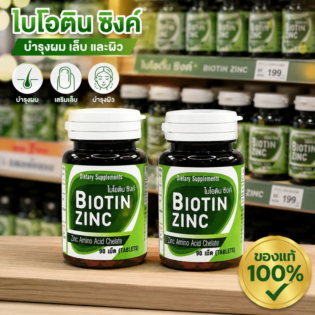 (ซื้อ 2 ขวดคุ้มกว่า!)Biotin zinc ไบโอทิน ซิงก์ คณะเภสัช จุฬา 90 เม็ด