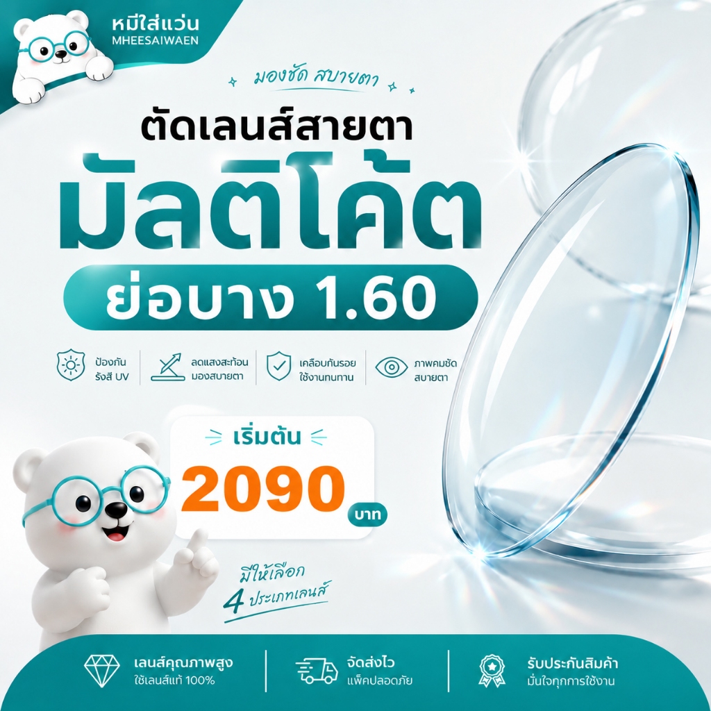 หมีใส่แว่น | แว่นสายตา สายตาสั้น / สายตายาว มัลติโค้ต ย่อบาง 1.6 เลนส์แท้ ตัดใหม่ทุกออเดอร์ เลือกกรอบแว่นได้