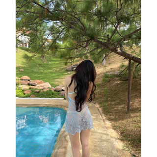 Fairy Dress เดรสสั้นลูกไม้ซีทรูสีฟ้า ไม่มีซับใน พร้อมส่ง Sinitra Shop