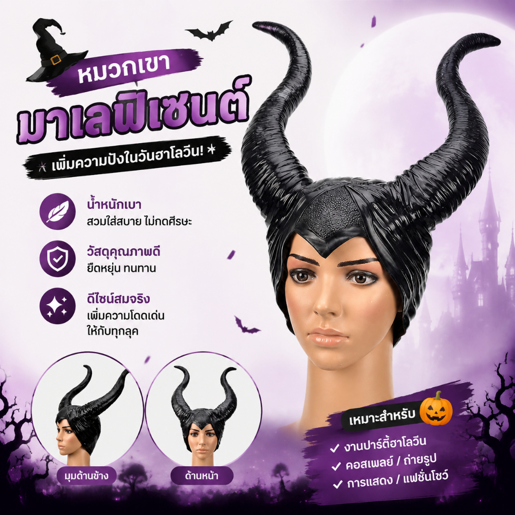 Luxe-T หมวกเขาฮาโลวีนคอสเพลย์ Maaleficent ราชินี headpiece ชุดคอสตูม COD