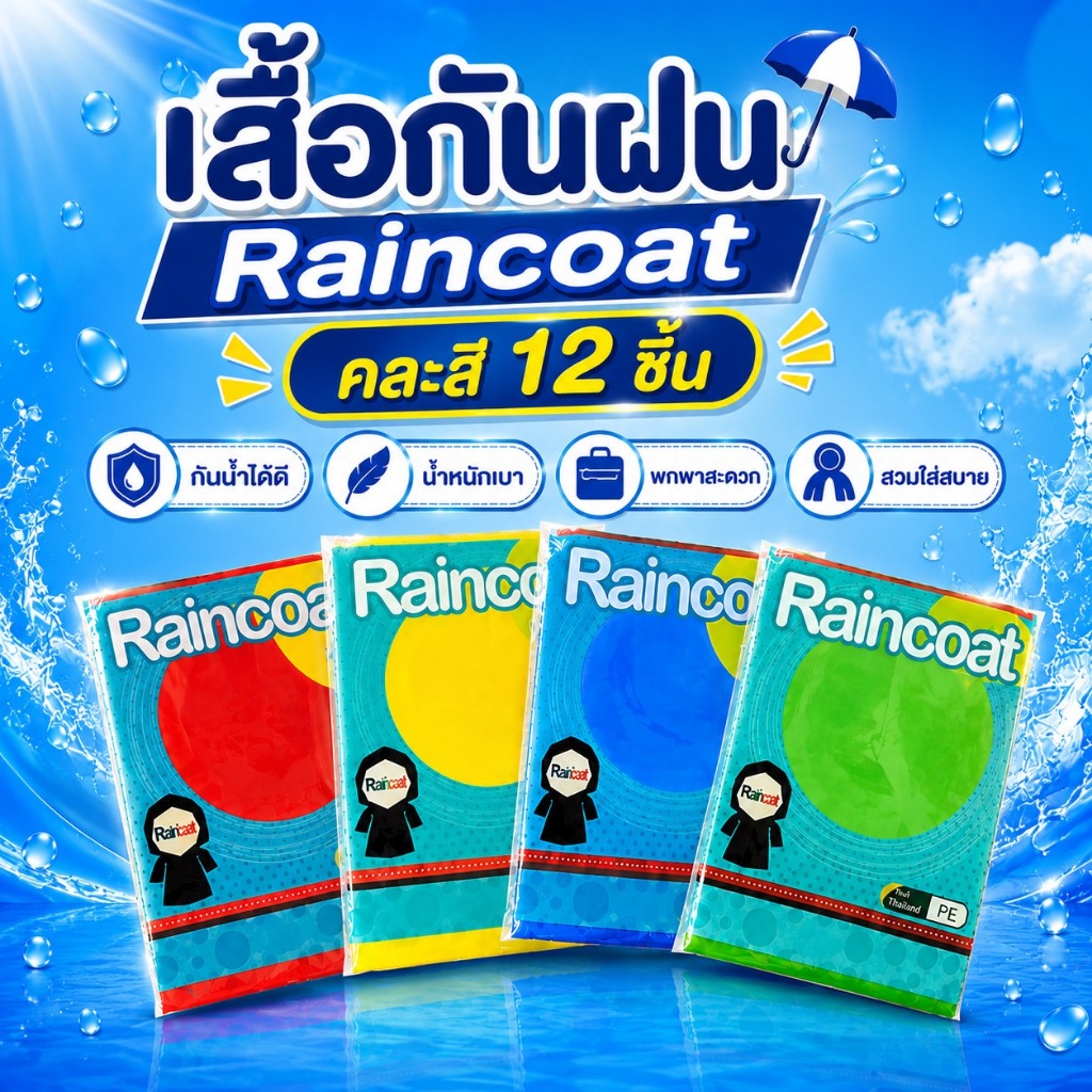 เสื้อกันฝน เนื้อหนา ของผู้ใหญ่แหละเด็ก คละสี 1 โหล 12 ชุด สินค้าพร้อมส่งจากไทย เสื้อกันฝนเรนโค๊ท ง่ายต่อการพกพา