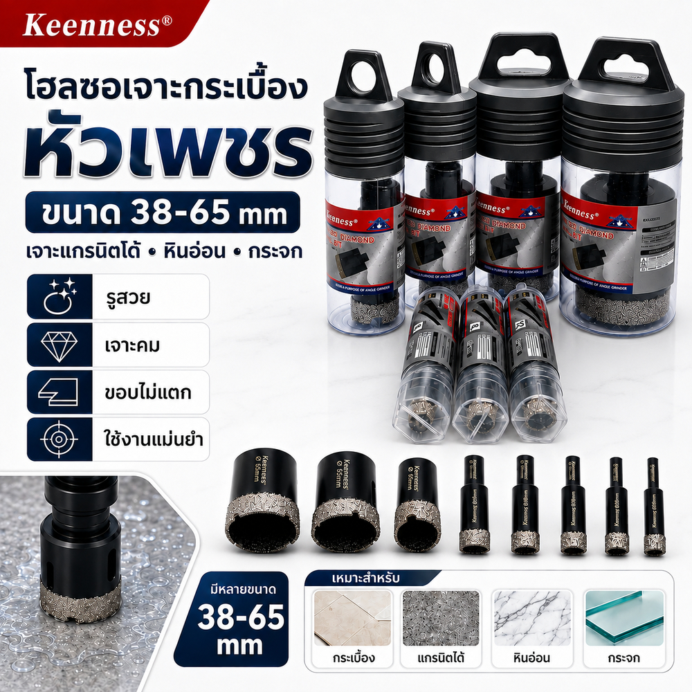 Keenness โฮลซอเจาะกระเบื้อง หัวเพชร 38-65mm เจาะกระจก แกรนิตโต้ หินอ่อน รูสวย ขอบไม่แตก
