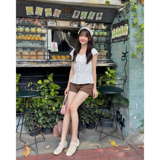 Wendy Top เสื้อแขนสั้นแต่งริ้ว ผูกโบว์ ด้านหน้าสไตล์เกาหลี Miladi