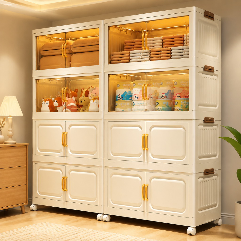 MINIHOMES ตู้เก็บของพับได้ 80 ซม. รุ่นอัปเกรด หนาพิเศษ รับน้ำหนัก 350KG เปิดหน้าได้ มีล้อ กันน้ำ กันชื้น วางซ้อนได
