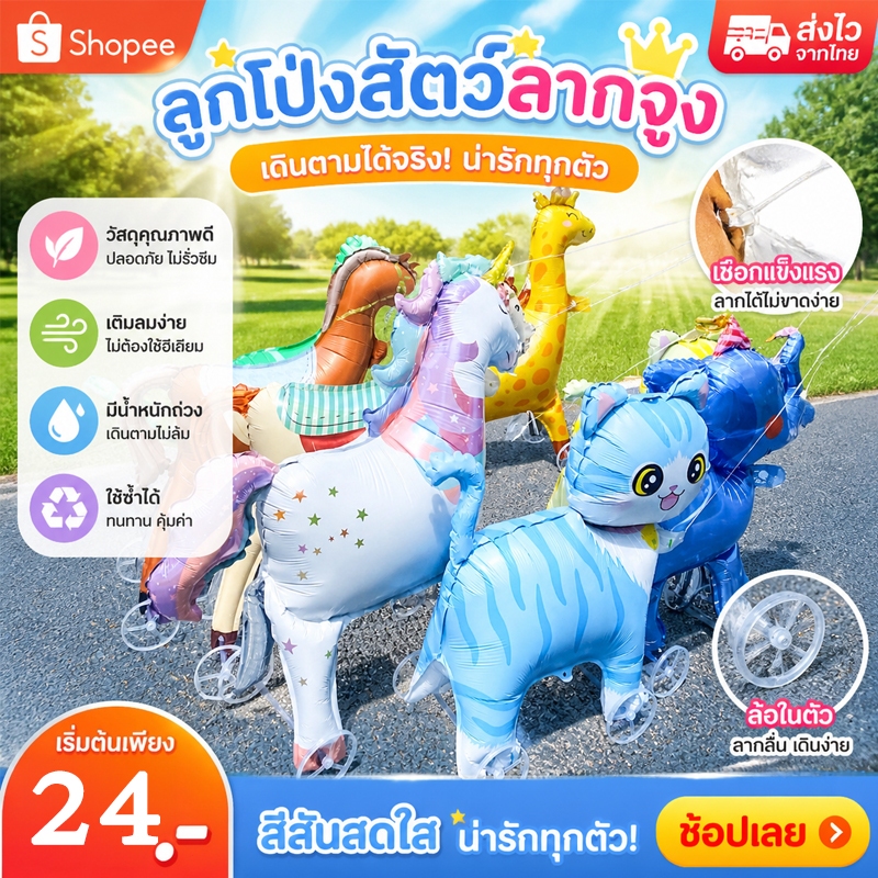 ลูกโป่งฟิล์มอลูมิเนียมการ์ตูนสามมิติขนาดใหญ่ มีล้อเลื่อนลากได้ ลายสัตว์น่ารัก วัสดุทนทาน เหมาะสำหรับทารกและเด็กเล็ก