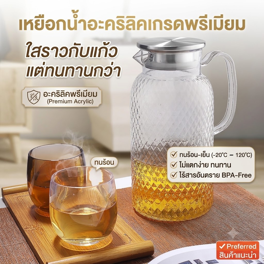ขวดน้ำอะคริลิกพร้อมหูหิ้วและฝาปิด มีให้เลือก 2 ขนาด คือ 1 ลิตร และ 1.5 ลิตร ทนต่ออุณหภูมิสูงและต่ำ ผลิตจากวัสดุที่ปลอดภั