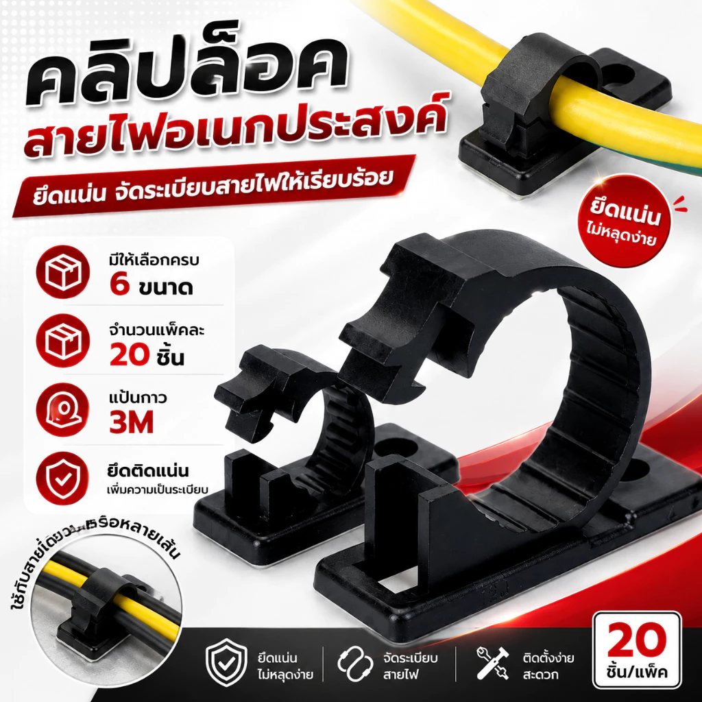 คลิปล็อคสายไฟอเนกประสงค์ แบบกาวในตัว 20 ชิ้น/แพ็ค มี 6 ขนาด สำหรับงานไฟฟ้า DIY