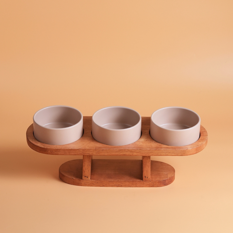 (แท่นเอียง) Harmony Wooden stand with bowl แท่นไม้เอียงรุ่นปลองดอง 3 หลุมพร้อมชามอาหารสัตว์เลี้ยง