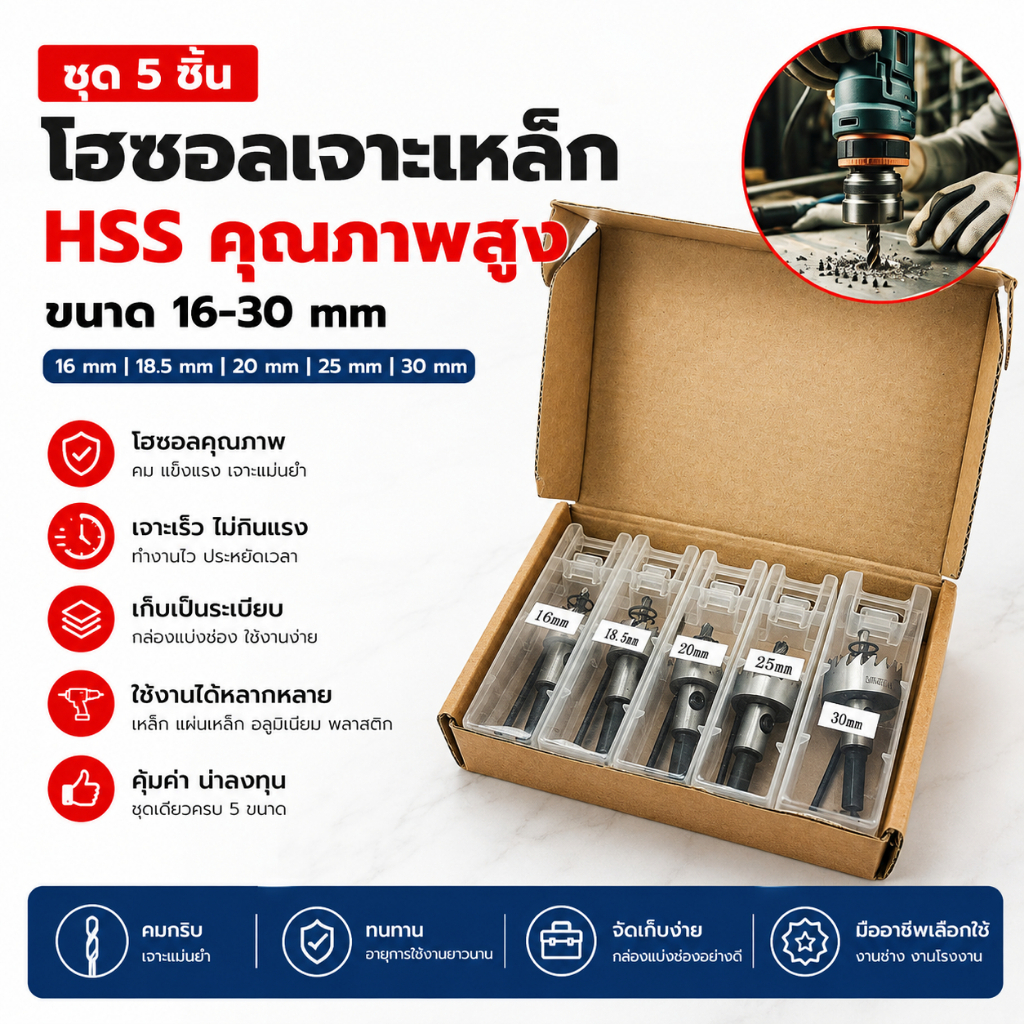 ชุดโฮซอเจาะเหล็ก HSS 5 ขนาด 16-30 มม. ดอกโฮลซอเจาะแผ่นเหล็ก อลูมิเนียม พลาสติก พร้อมกล่องจัดเก็บ